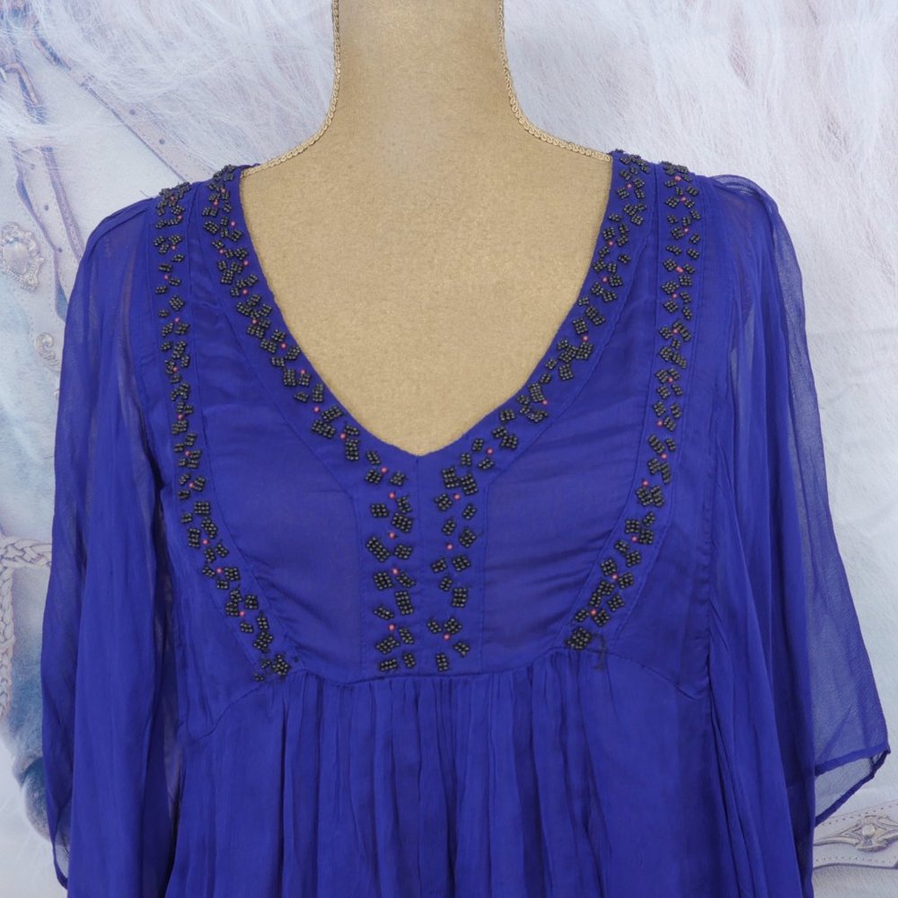 Free People Purple Beaded Detail Wide Sheer Sleeve 70's Inspired Boho S XS Top - Picture 3 of 12